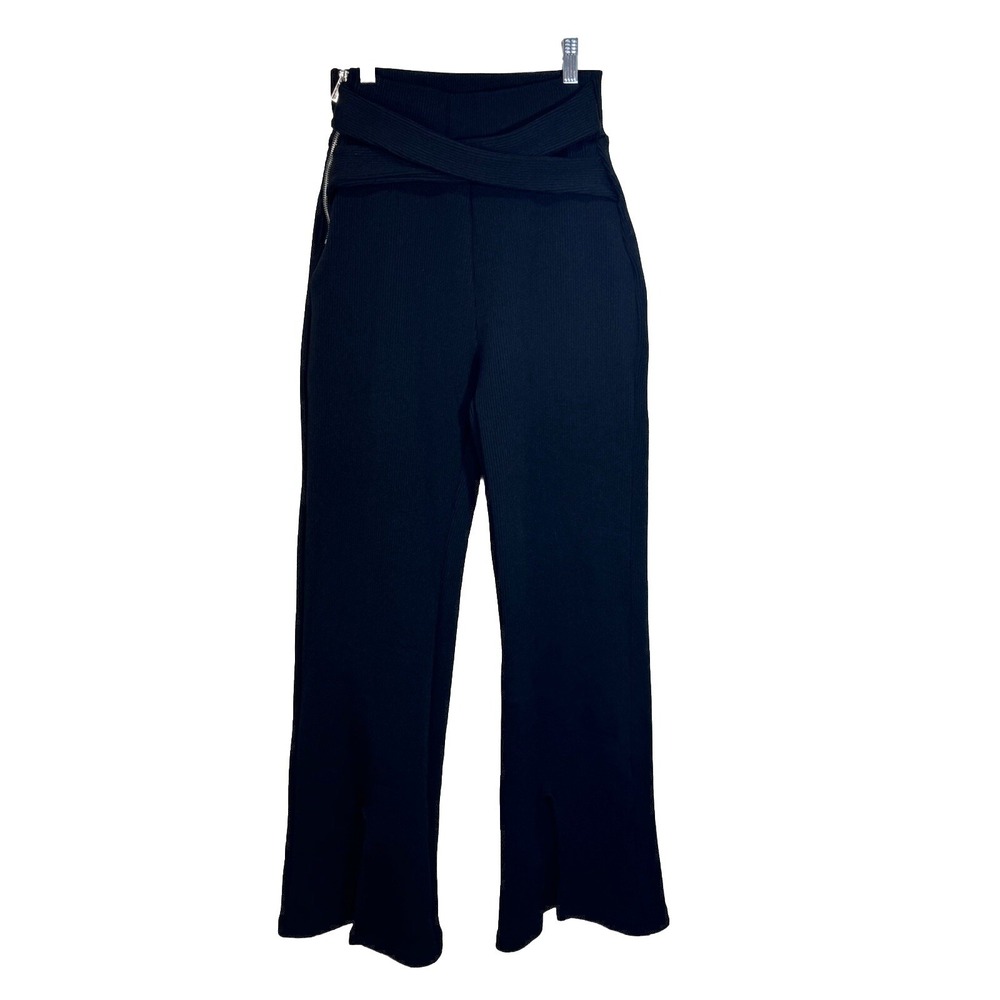 Maniere De Voir Size 8 Ribbed High Waist Knit Slit Flared Slit Hem Pants Black